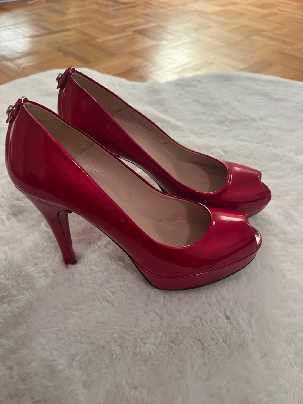 Stuart Weitzman Red Patent Peep-Toe Platform Pumps